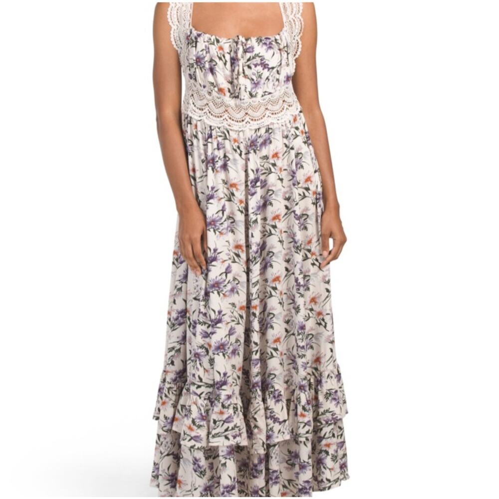 Sunday Mi Amor Dress‎ Lace Floral Maxi Tiered Cottagecore Size Small